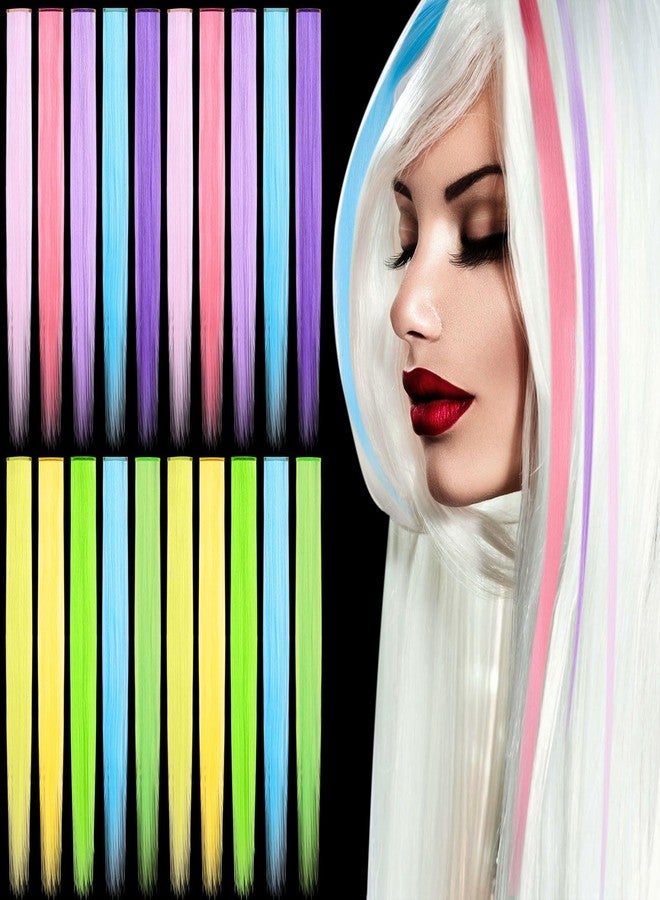 Juinte 20 Pcs Glow in The Dark Colored Hair Extensions 20 Inch Straight Color Clip Rainbow Halloween Party Hairpiece for Women, 10 Color(Dark Purple, Blue, Pink, Watermelon Red, Light Purple) - Image 1